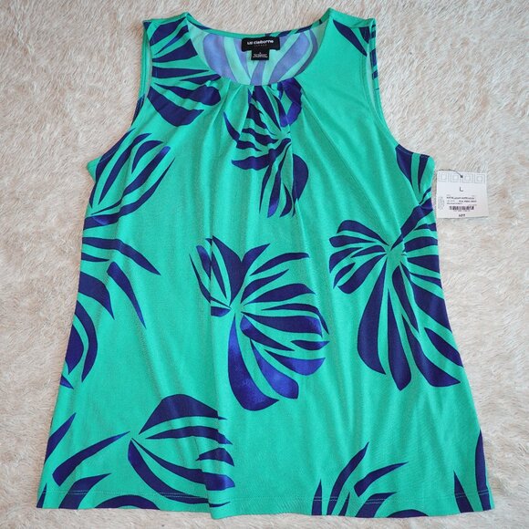 Women's Large Liz Claiborne Sleeveless Blouse Tank Green with Blue Leaves, NWT - Picture 1 of 5